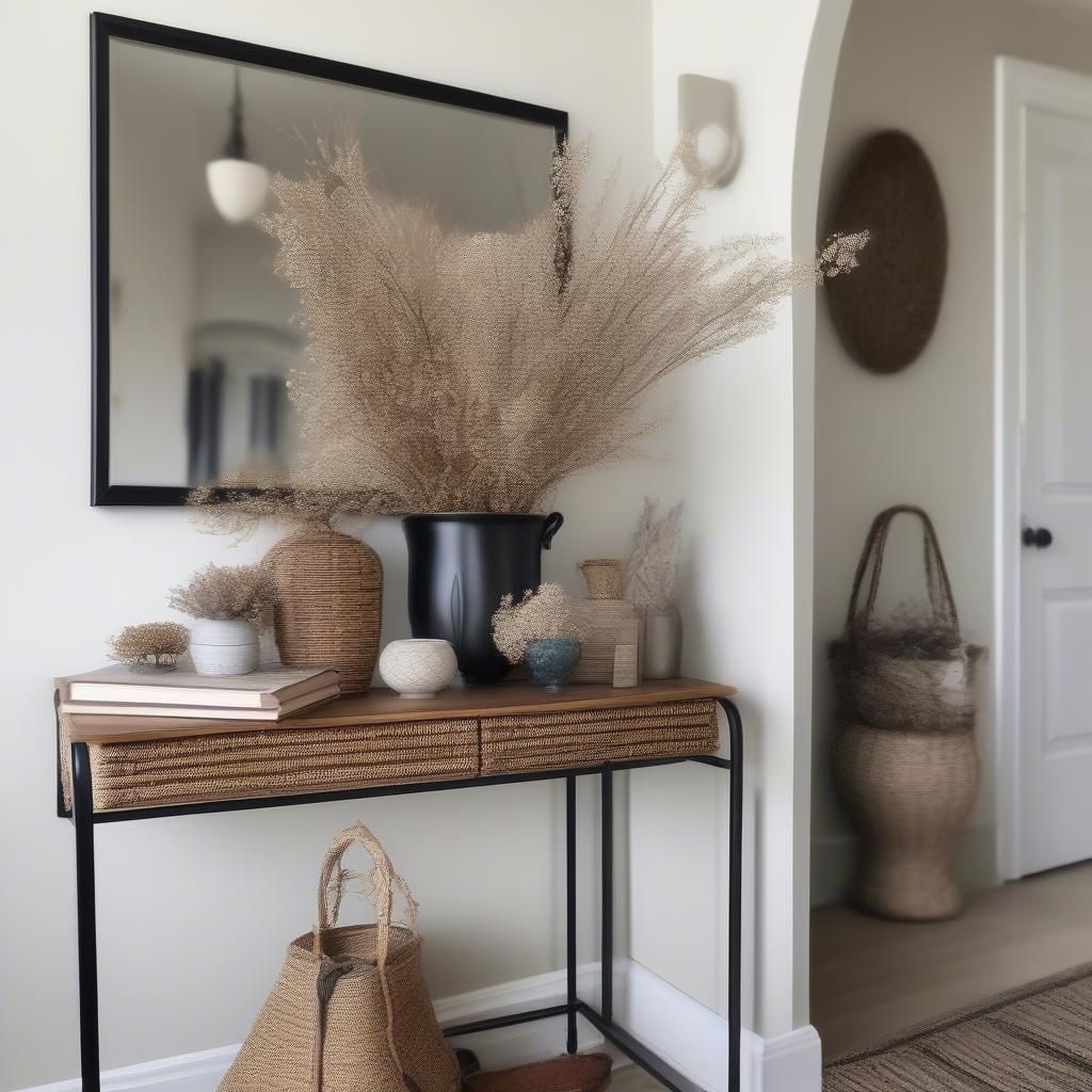 Small black metal accent table with basket weave top in an entryway.