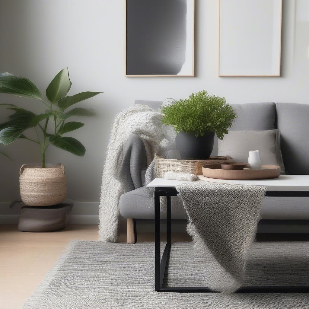 Small black metal accent table with basket weave top in a modern living room setting