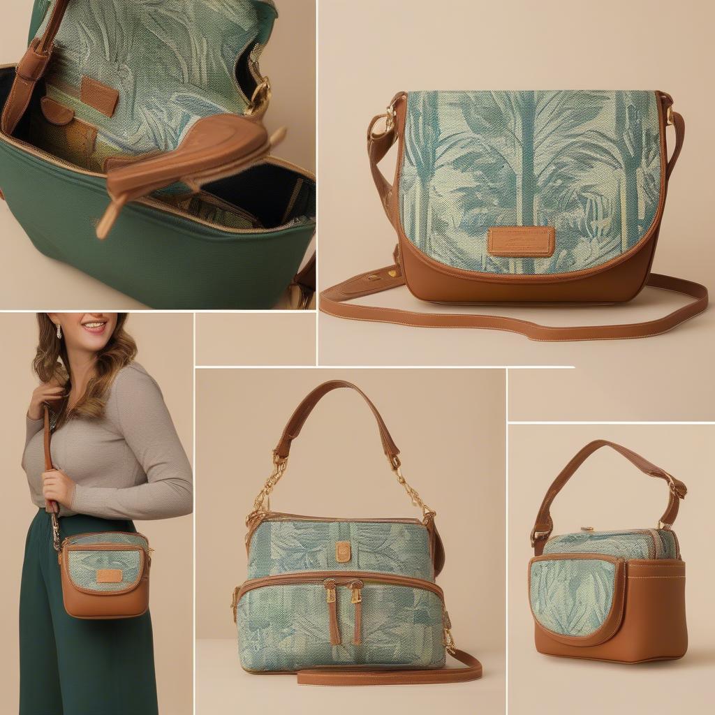 Multiple views of the Spartina 449 Bamboo Weave Crossbody Bag showcasing its features from different perspectives, highlighting the design, compartments, and overall aesthetic.