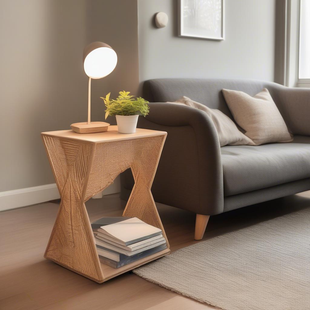 A star weave tapered side table styled in a cozy living room setting.