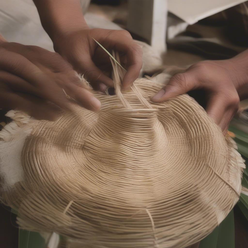 Weaving the initial circular pattern for the crown of the coconut leaf hat