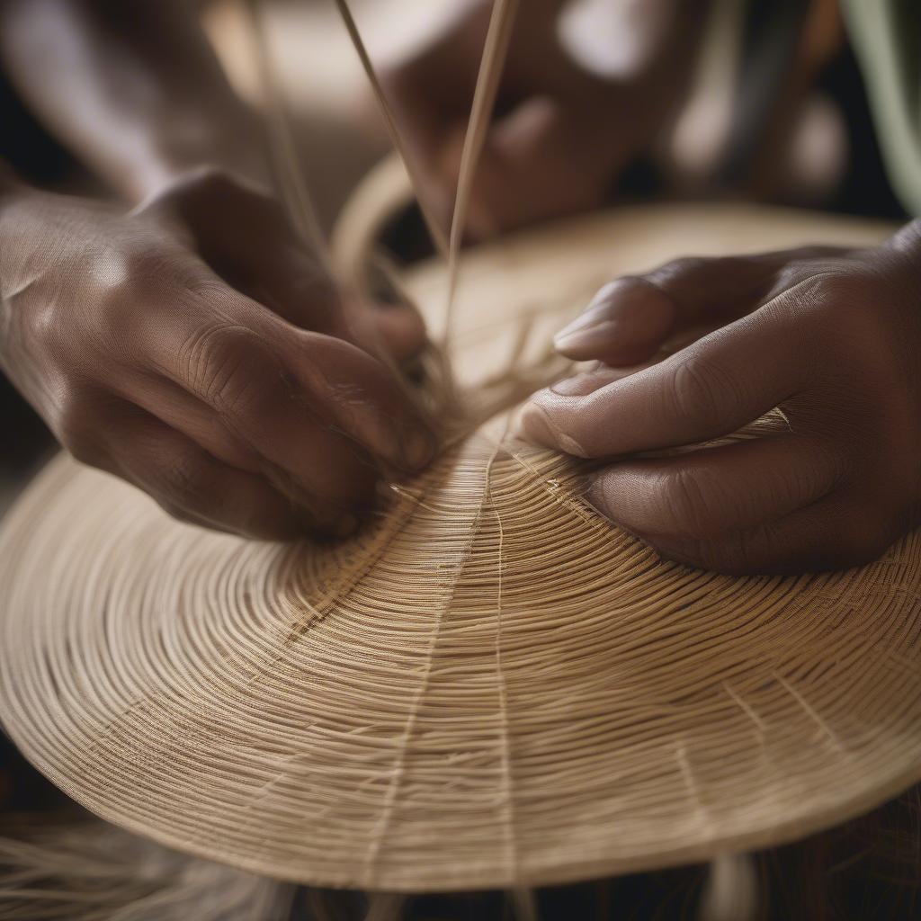 Close-up of straw hat weaving, showing the intricate details of the technique