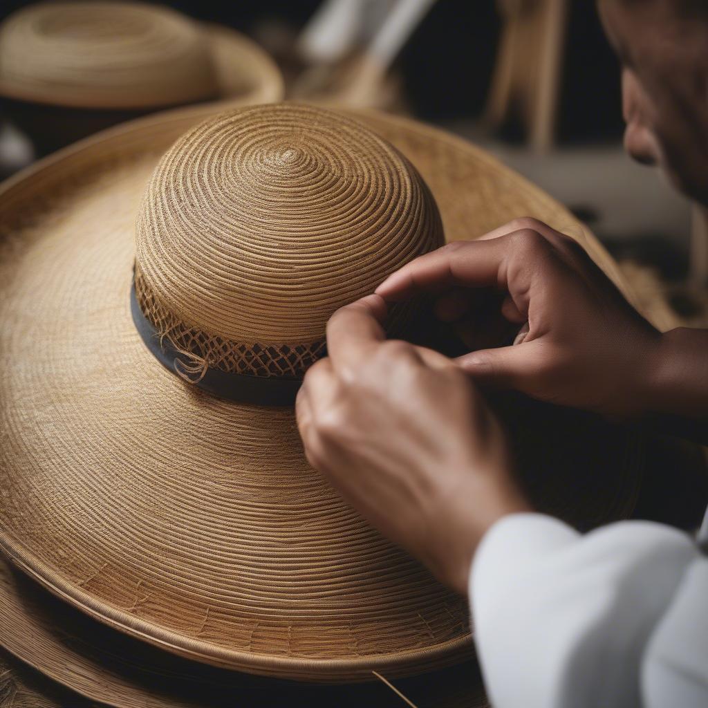 Close-up of hands weaving a straw hat