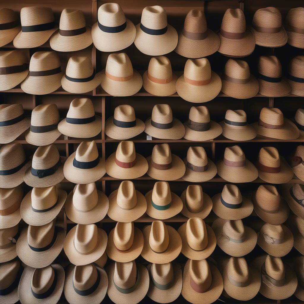 A collection of straw tight weave hats displayed on a shelf, showcasing different styles and colors.