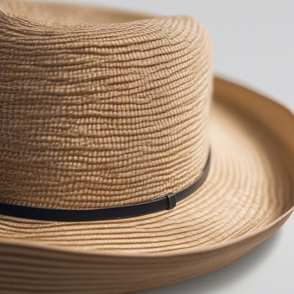 Close-up of a straw tight weave hat, showing the intricate details of the weave and the texture of the straw.