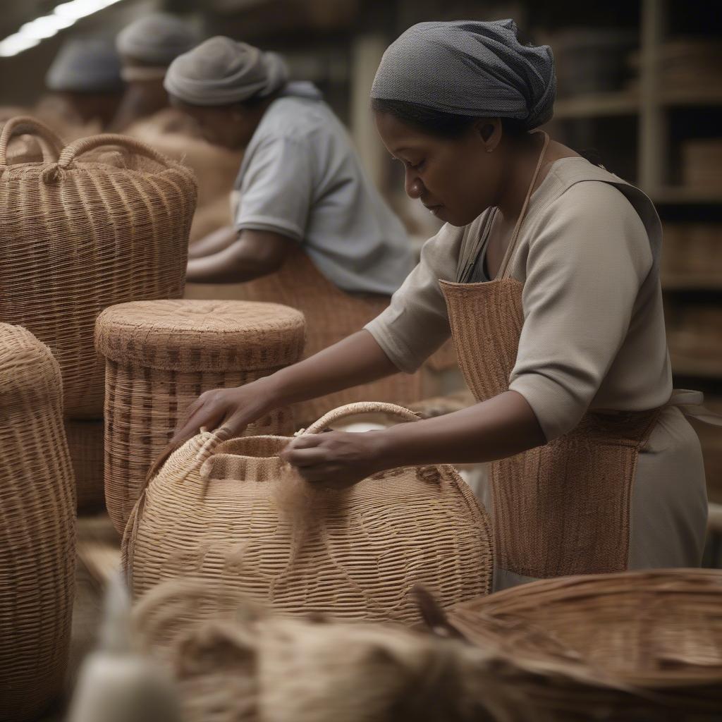 Production line in a straw woven basket bag factory