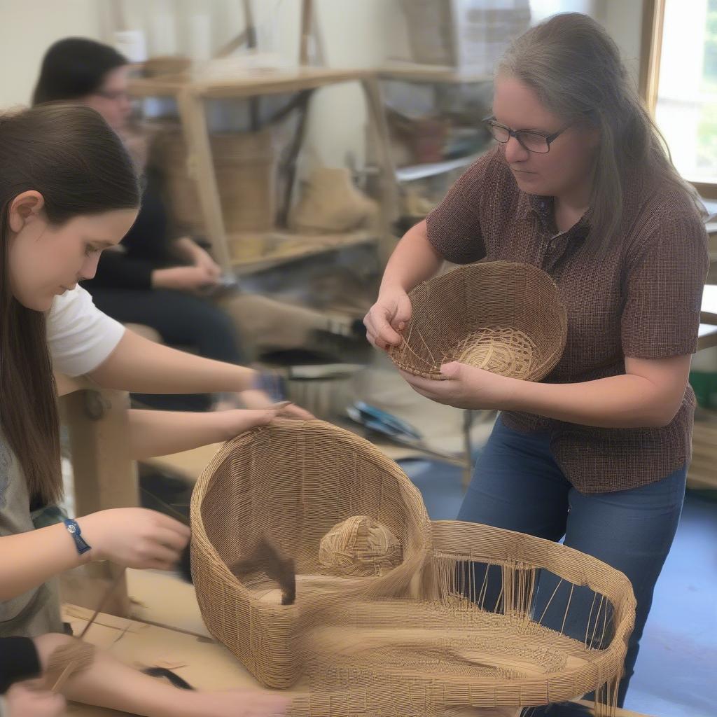 Student Creating a Basket in Class: Image of a student engrossed in a basket weaving class, demonstrating the hands-on experience and focus required.