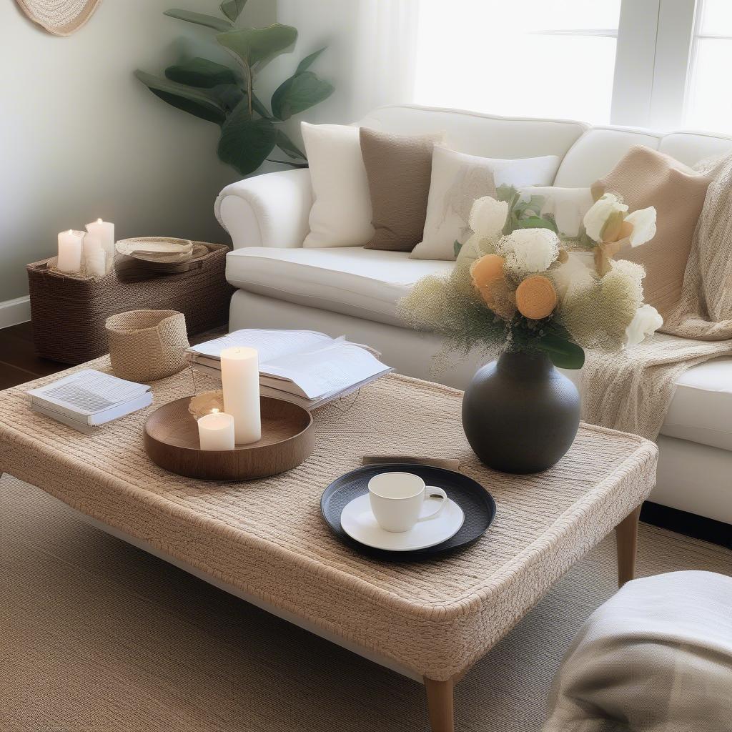 A beautifully styled basket weave coffee table