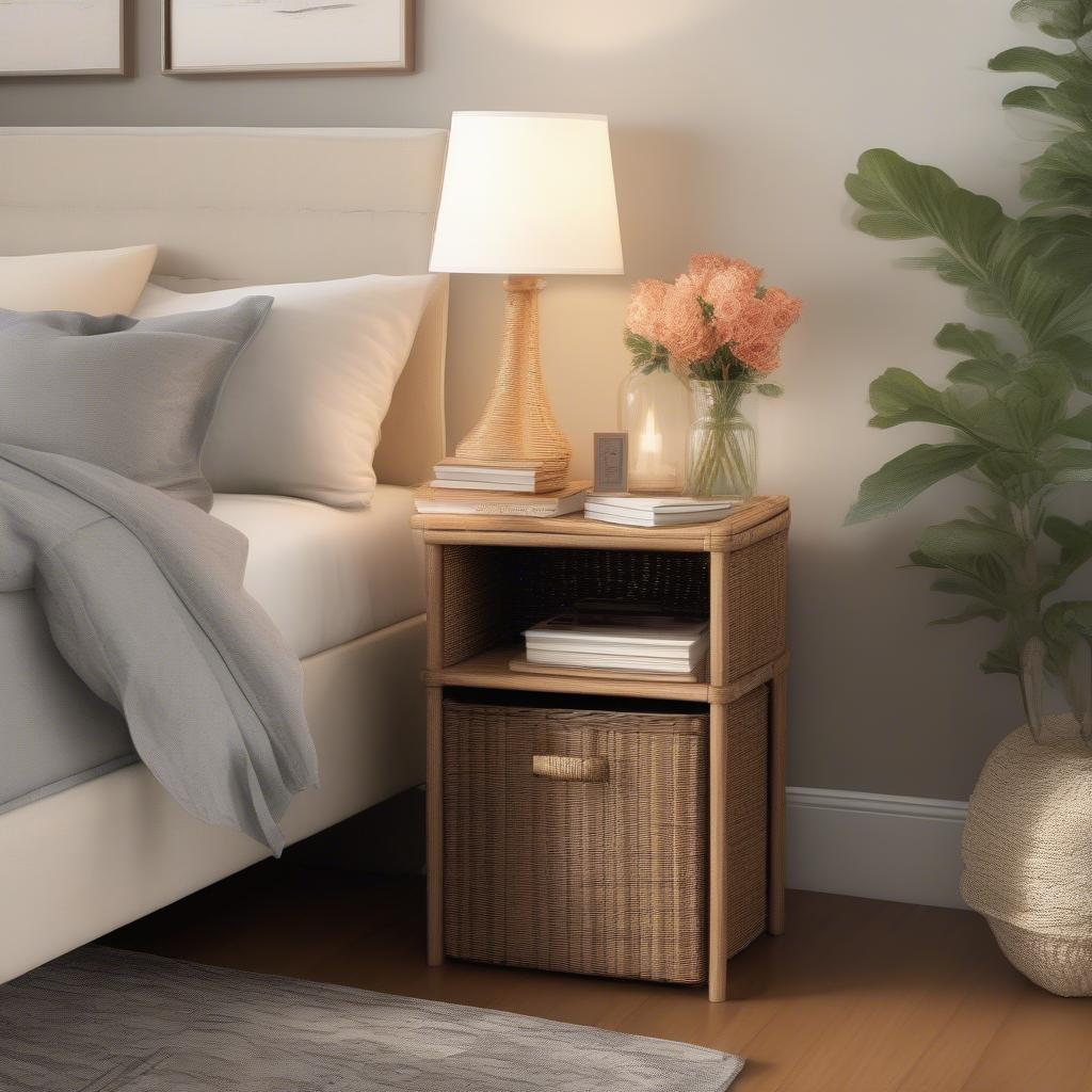 Styled basket weave side table in a bedroom