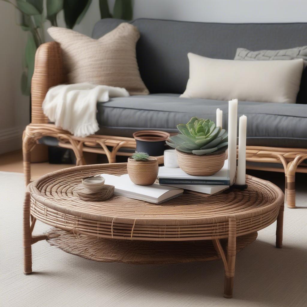 A styled rattan weave coffee table with books, a plant, and decorative accessories, showcasing how to create an inviting and stylish living room centerpiece.