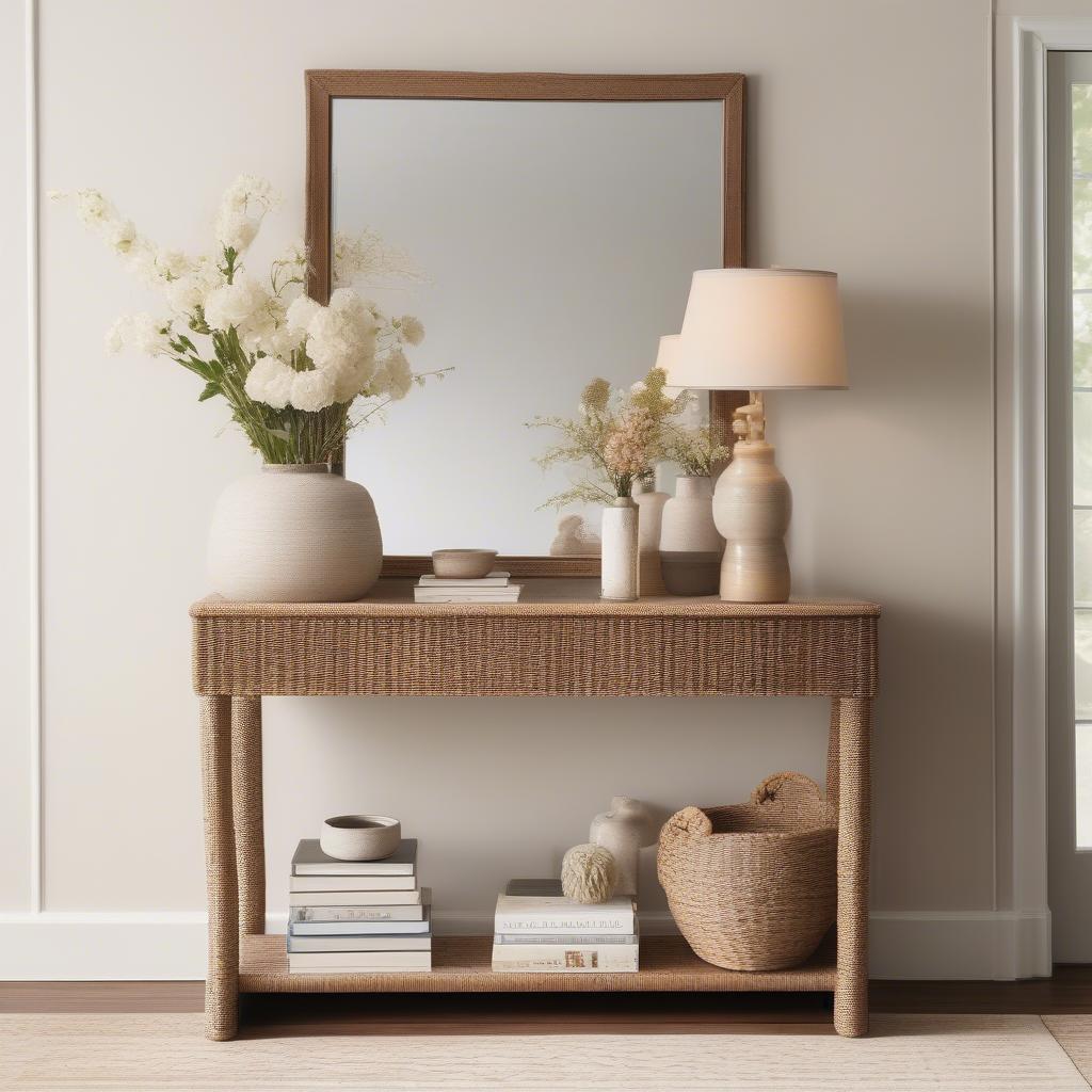 A basket weave console table decorated with a lamp, mirror, books, and a vase of flowers.