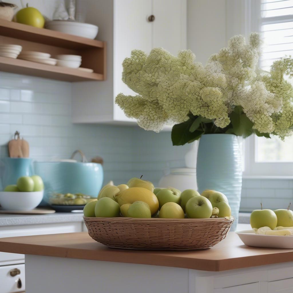 Styling a Blue Fruit Bowl with Basket Weave Base