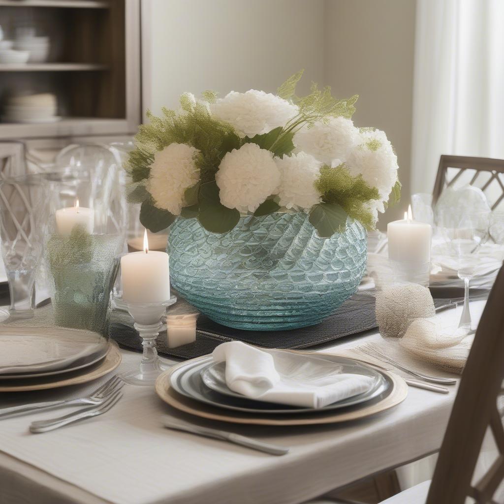 Styling a Round Glass Dining Table with a Basket Weave Centerpiece