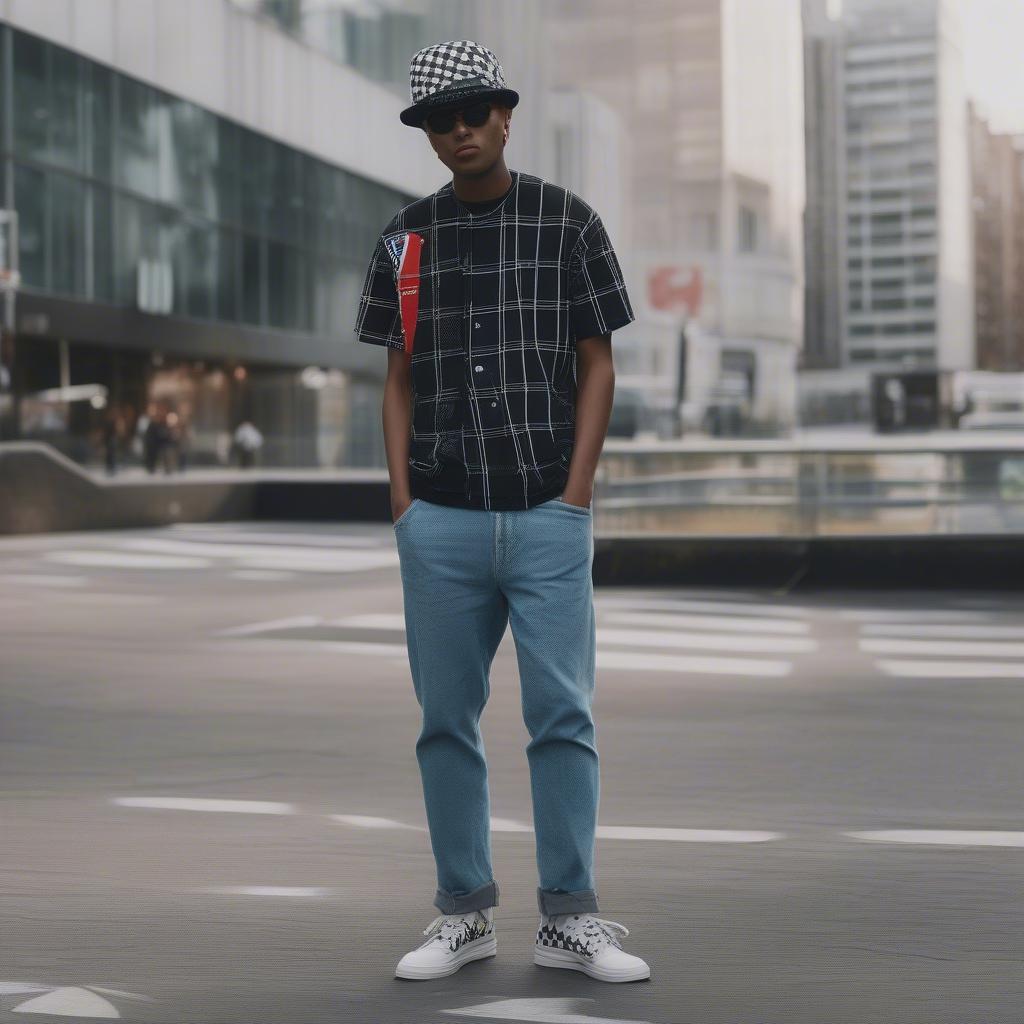 A person wearing a Supreme Checker Weave Hat with a streetwear outfit, including a graphic t-shirt, jeans, and sneakers.