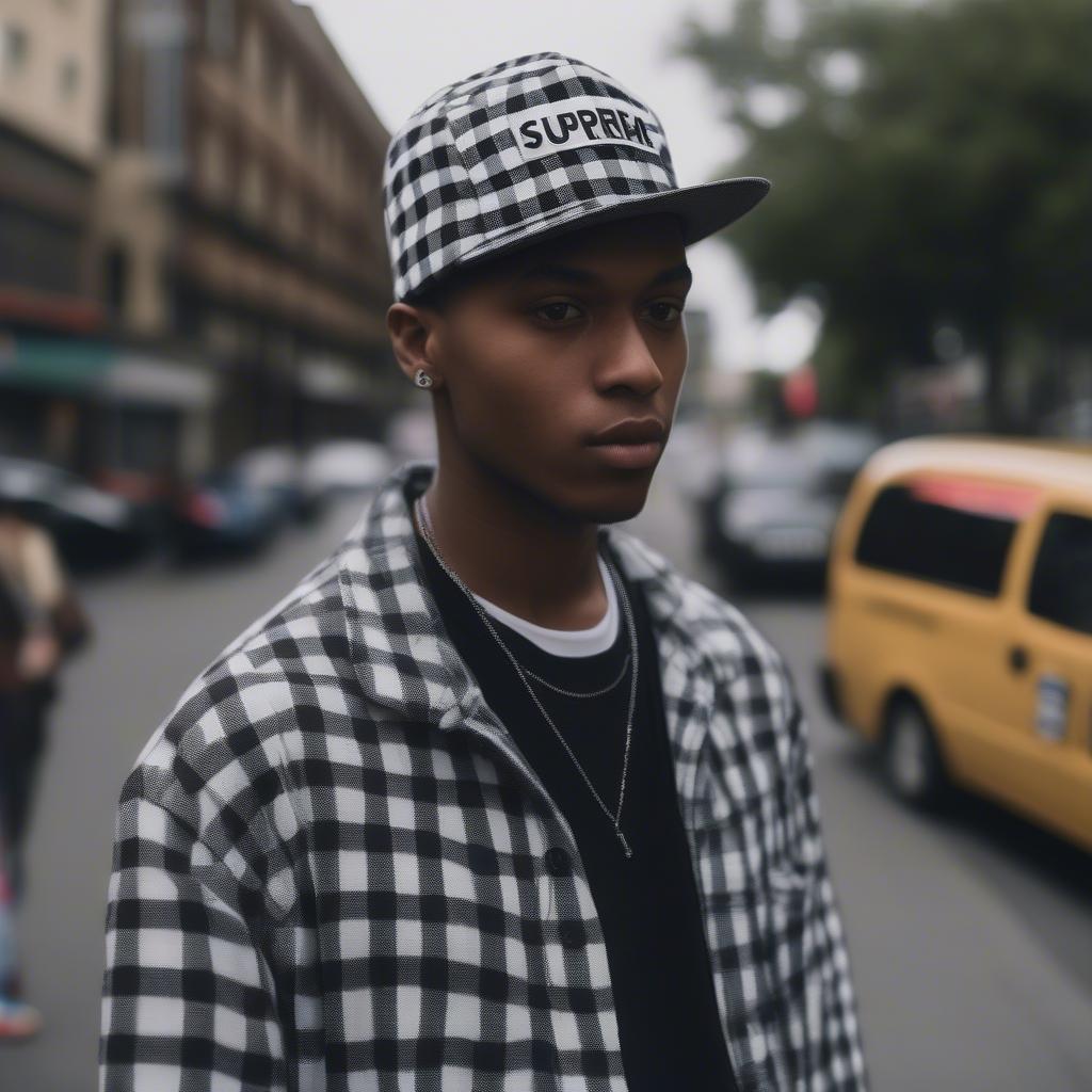 Street style look featuring a supreme checkered weave hat paired with a casual outfit.