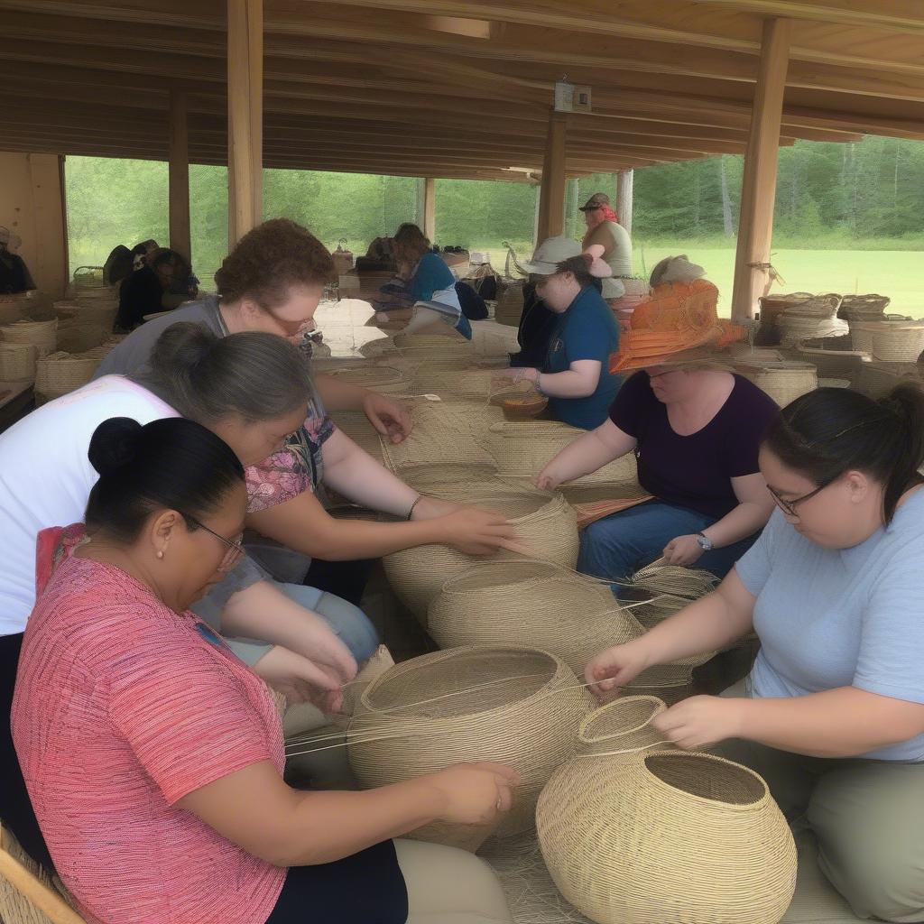 Participants Learning Sweetgrass Basket Weaving