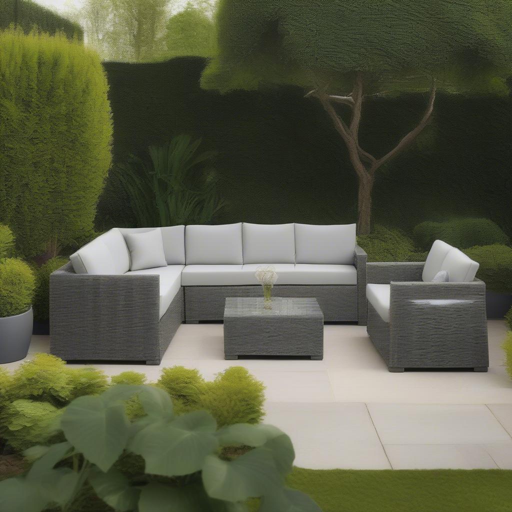 Synthetic Resin Weave Patio Furniture Set in a Garden Setting