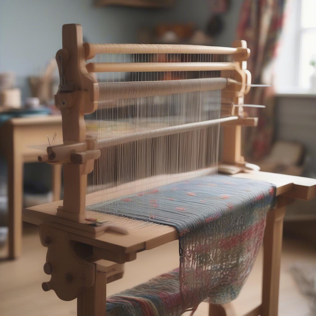 A beautifully crafted table weaving loom set up in a bright, UK-inspired craft room, complete with yarn and tools.