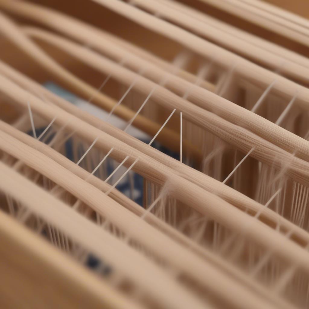 Close-up of a table weaving peg loom showing the pegs and warp threads