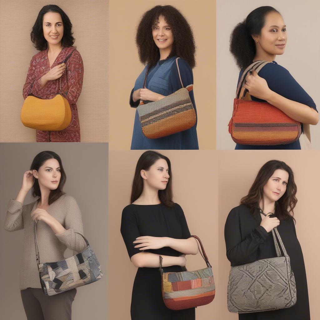 Variety of teri shoulder bags in different styles, colors, and sizes.