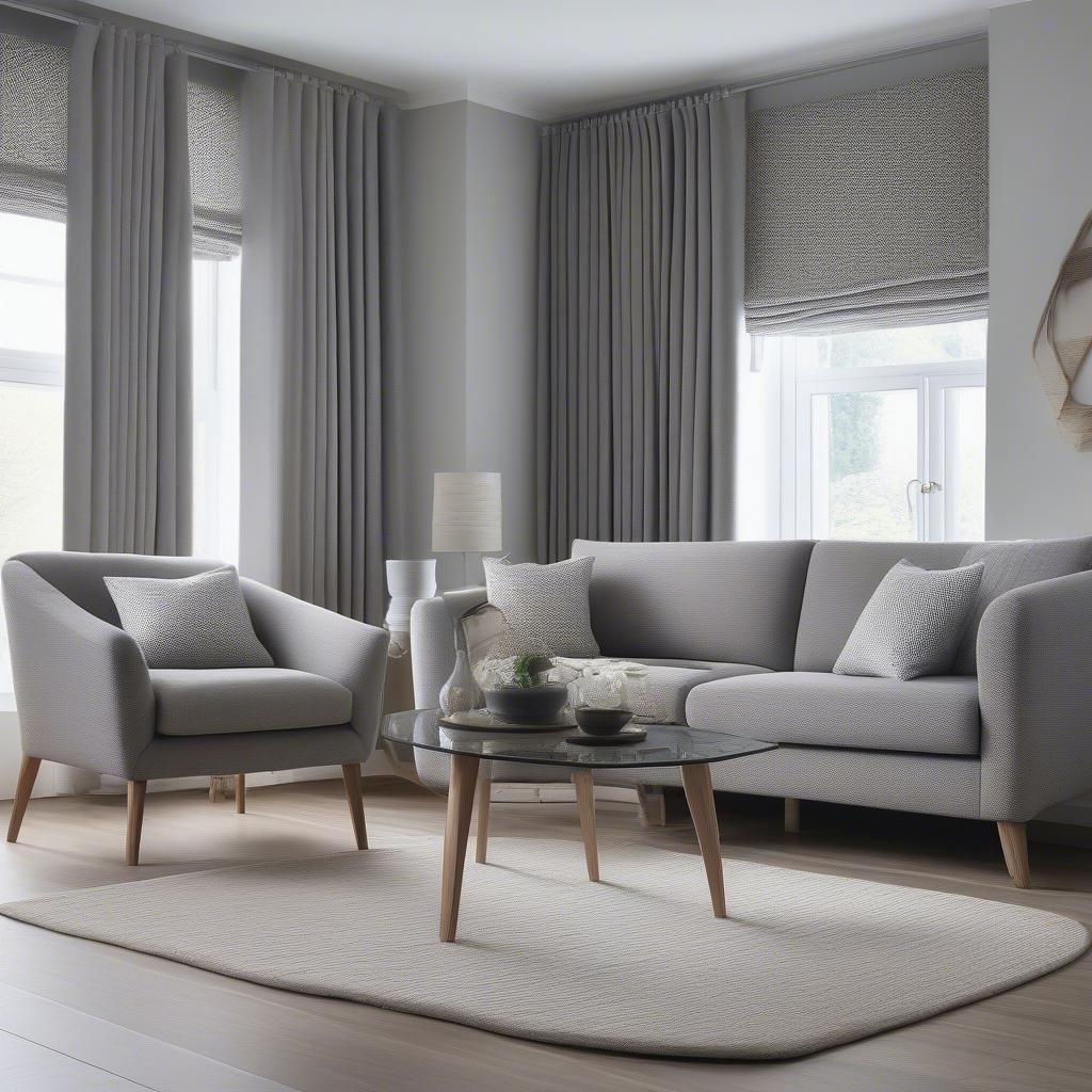 Tesco basket weave curtains in grey hanging in a modern living room, showcasing their texture and light filtering capabilities.