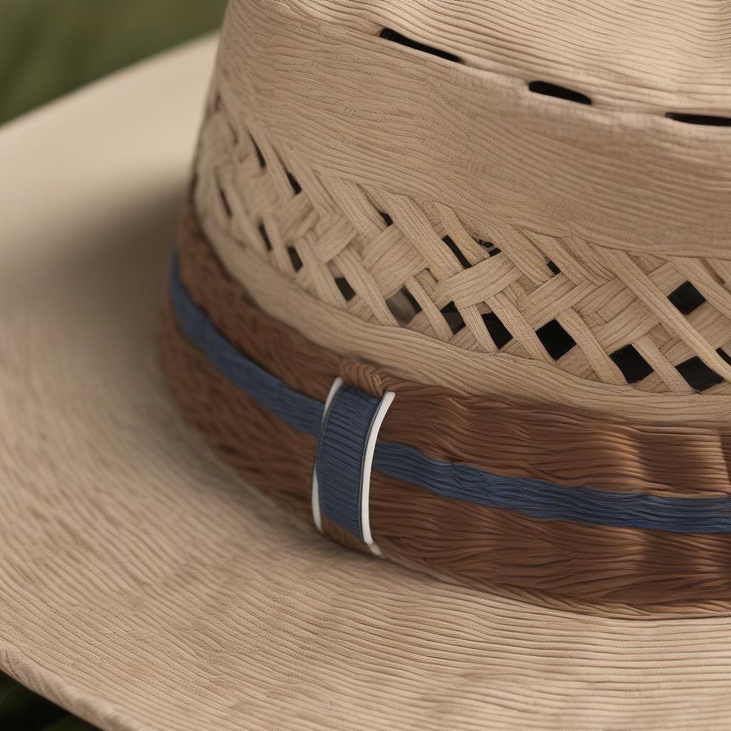 Close-up view of a Tommy Bahama open weave safari hat showcasing the intricate weave and material.