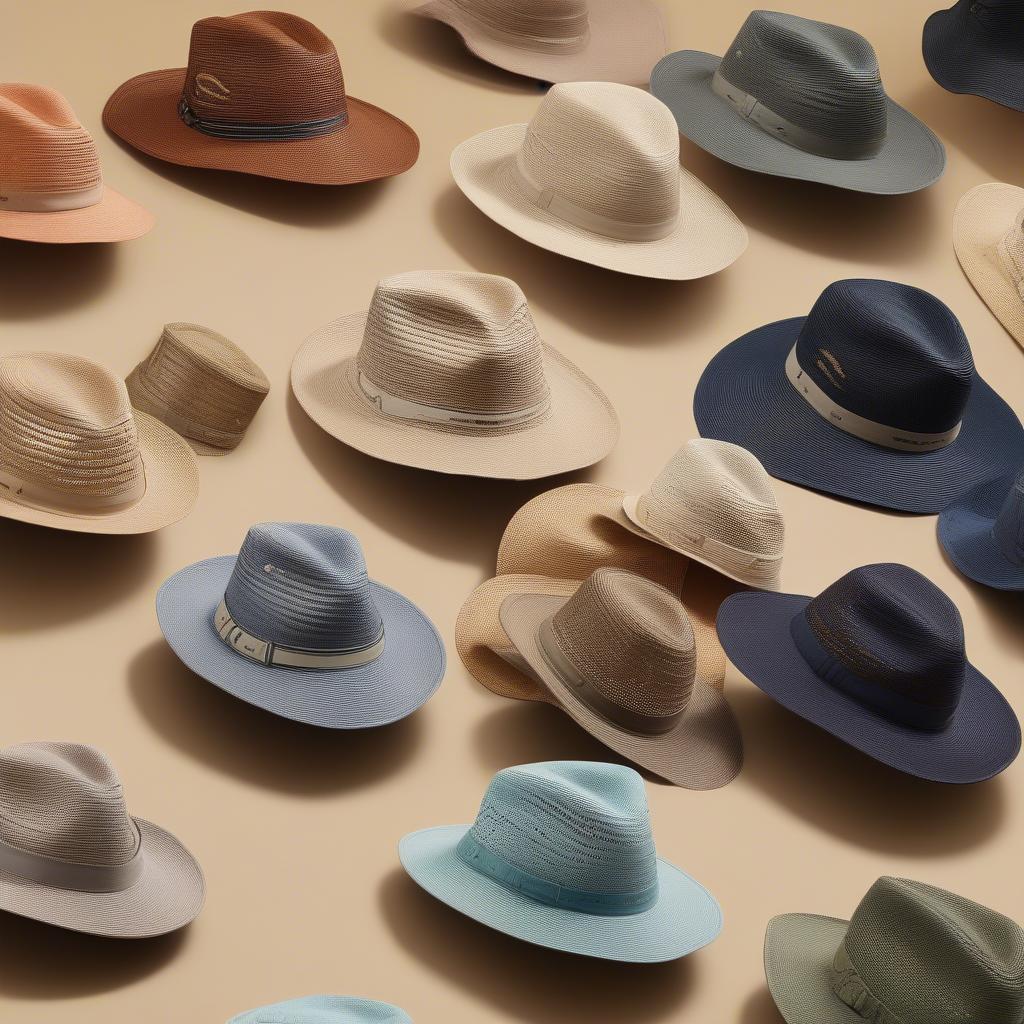 A display of Tommy Bahama open weave safari hats in various colors.