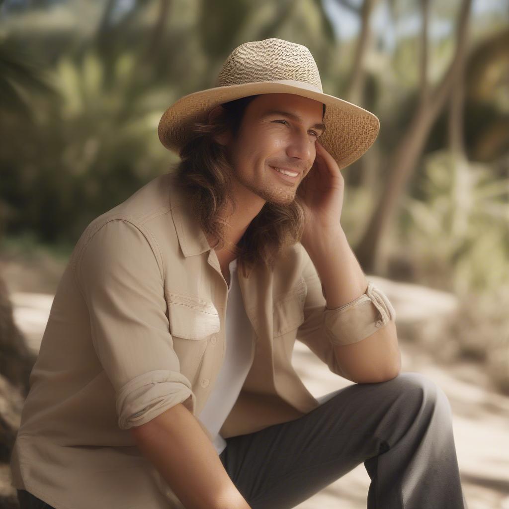 A person wearing a Tommy Bahama open weave safari hat in a sunny outdoor setting.