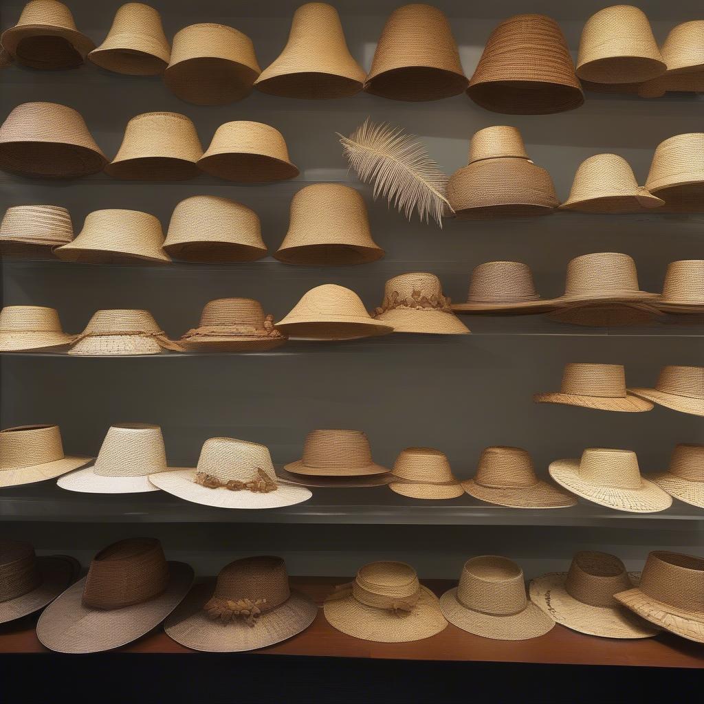 A vibrant display of various coconut leaf hats, showcasing different shapes, sizes, and weaving patterns.