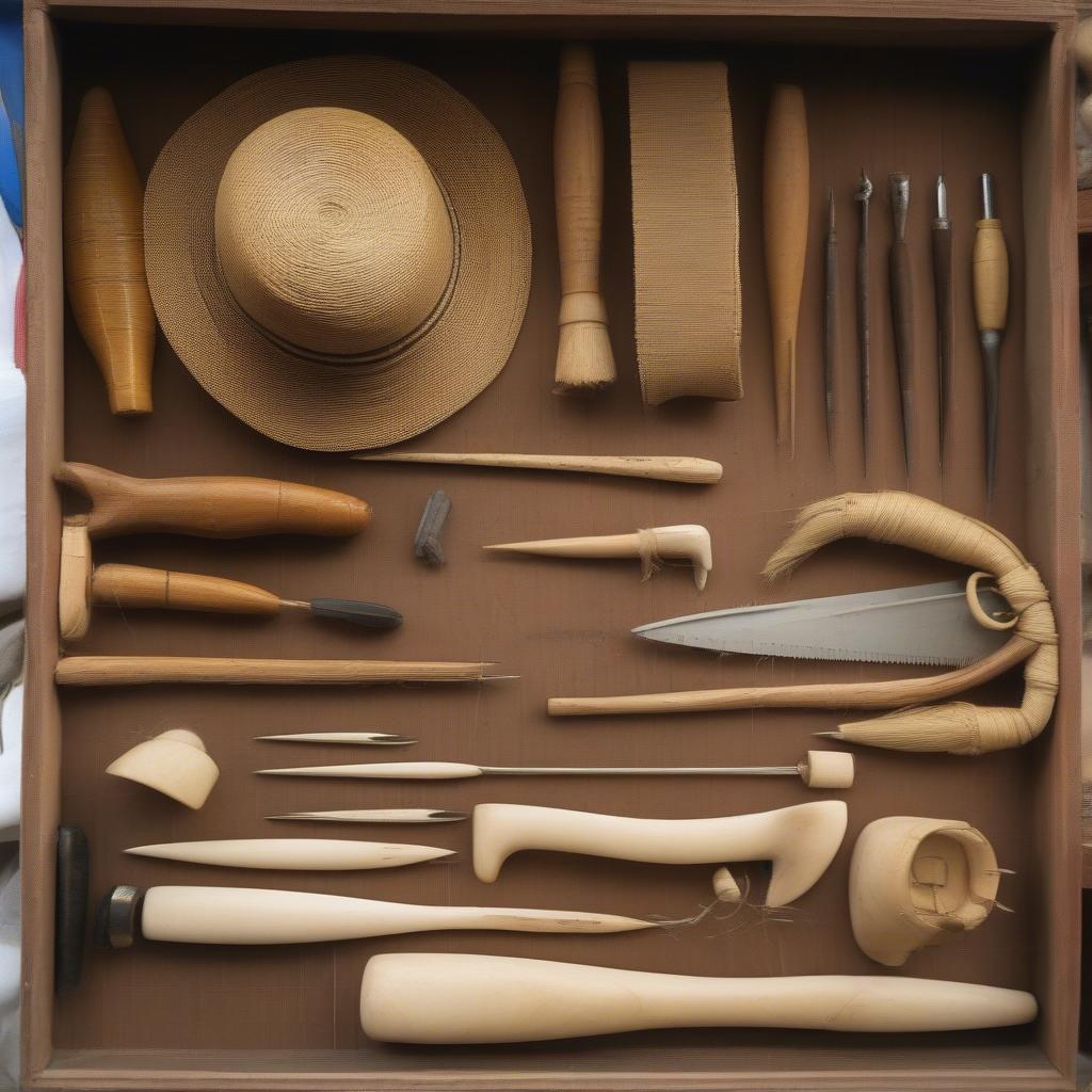 Traditional tools used for weaving hats in Ecuador.