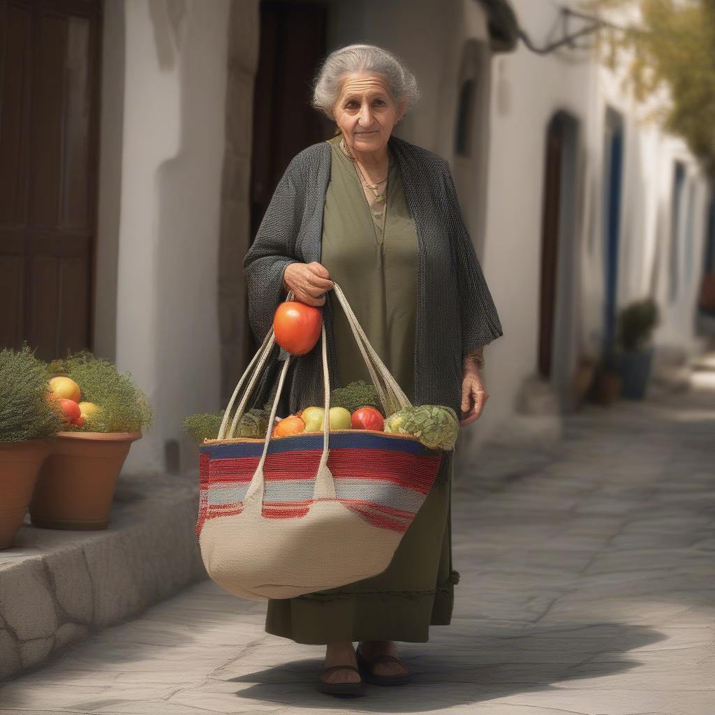 An elderly Greek woman carrying a traditional woven market bag filled with fresh produce.