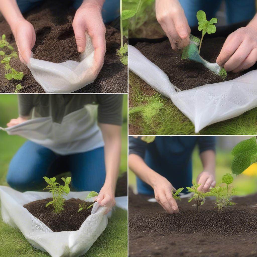 Transplanting seedlings from non-woven bags into the ground.