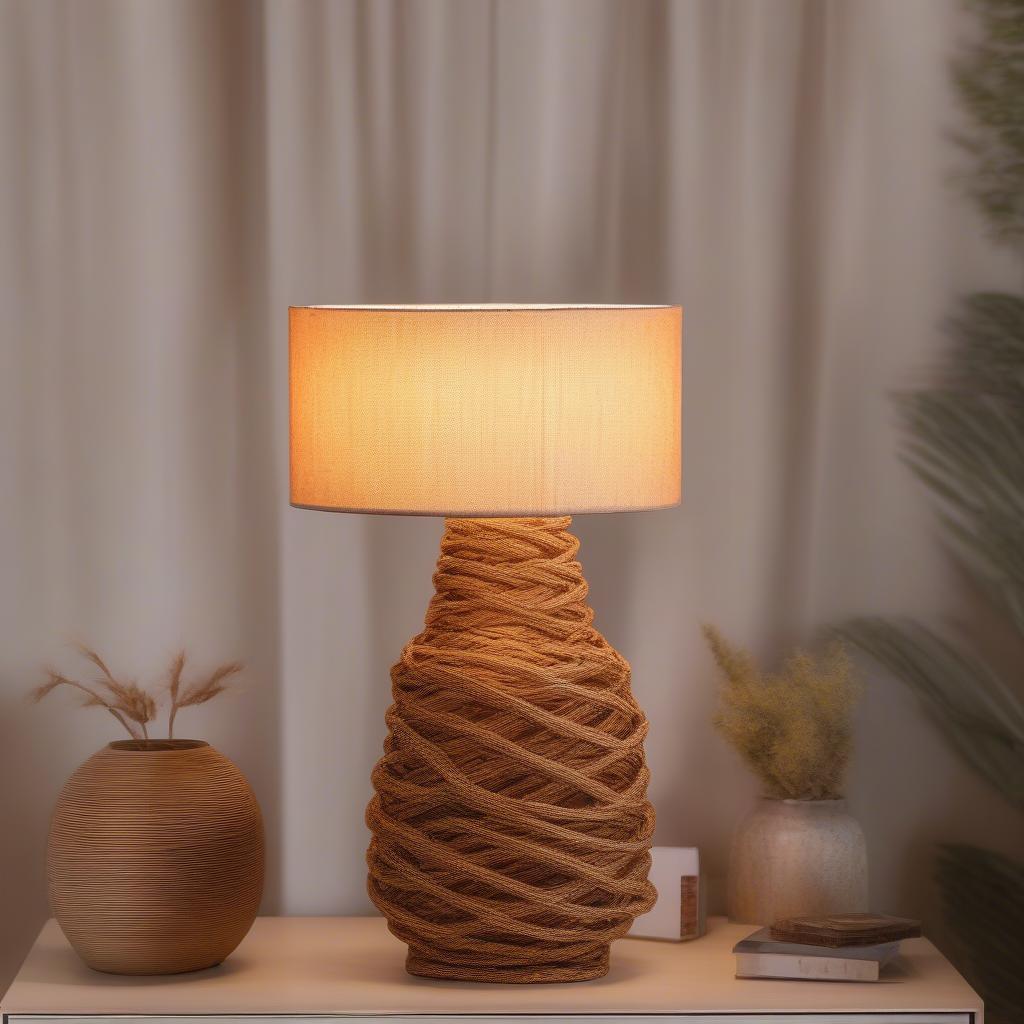 Twist weave table lamp illuminating a cozy living room setting