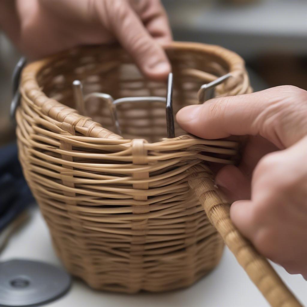 Using the no. 423 tool to create a tight weave in a rattan basket