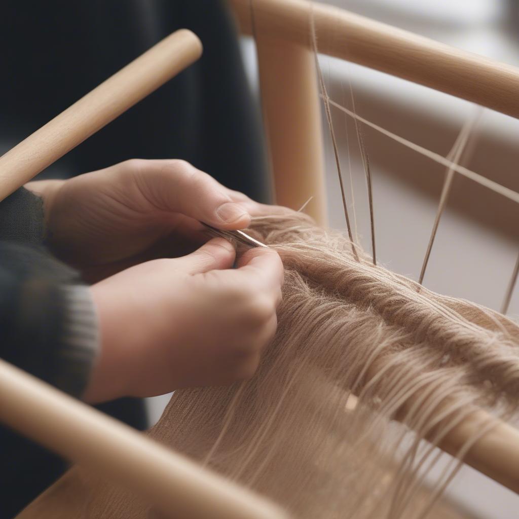 Using a weaving needle to weave a chair seat with twine.