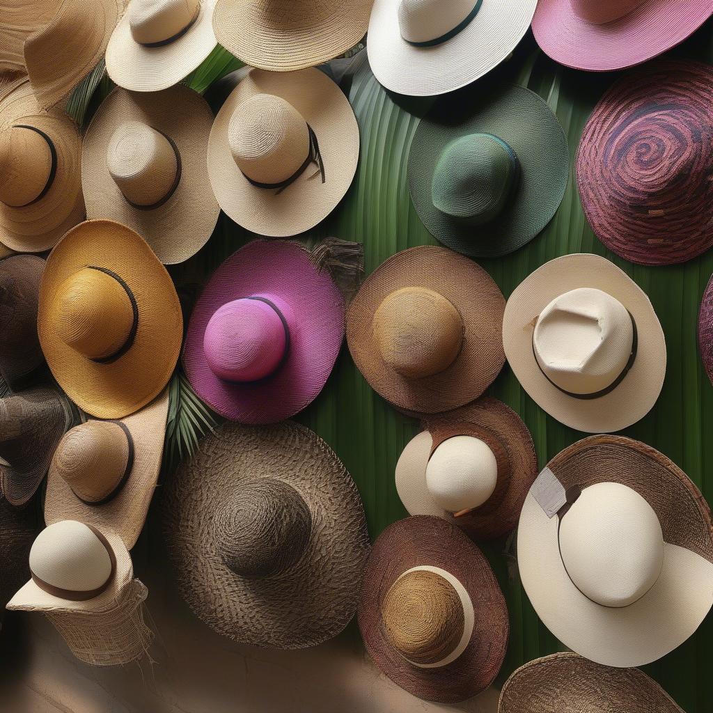 Variety of coconut palm leaf weaved sun hats on display