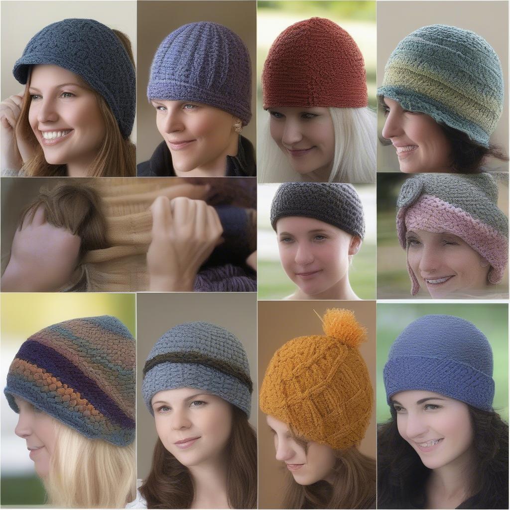 Different crochet basket weave hat bands on various hats