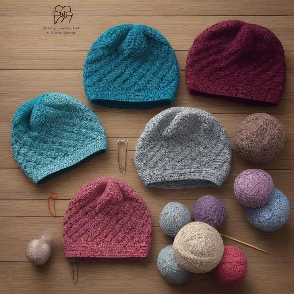 A collection of different diamond crochet basket weave hat patterns displayed on a table.