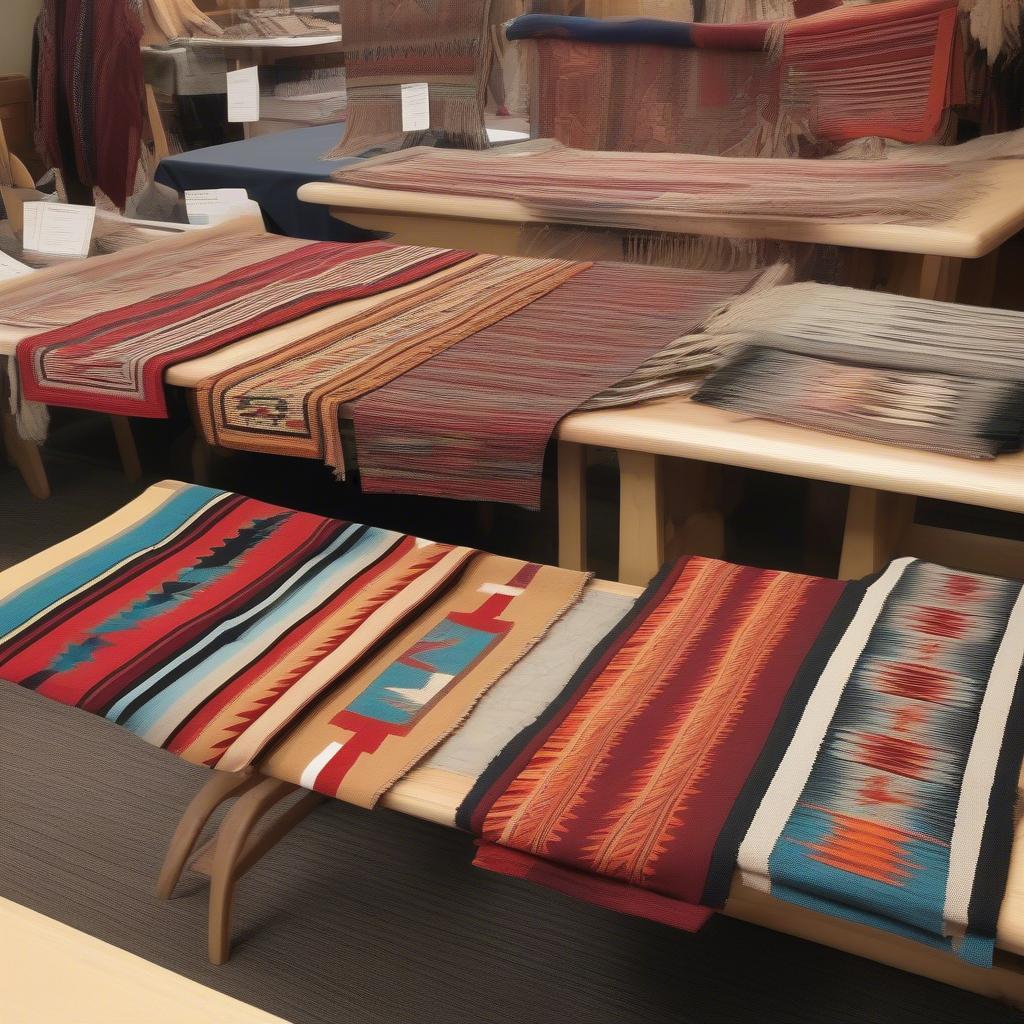 A display of various Navajo table runners in different designs and colors.