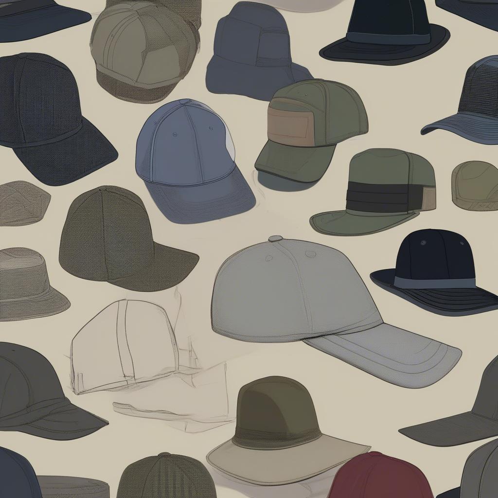 Different styles of ballistic weave hats, including baseball caps, fedoras, and tactical hats.