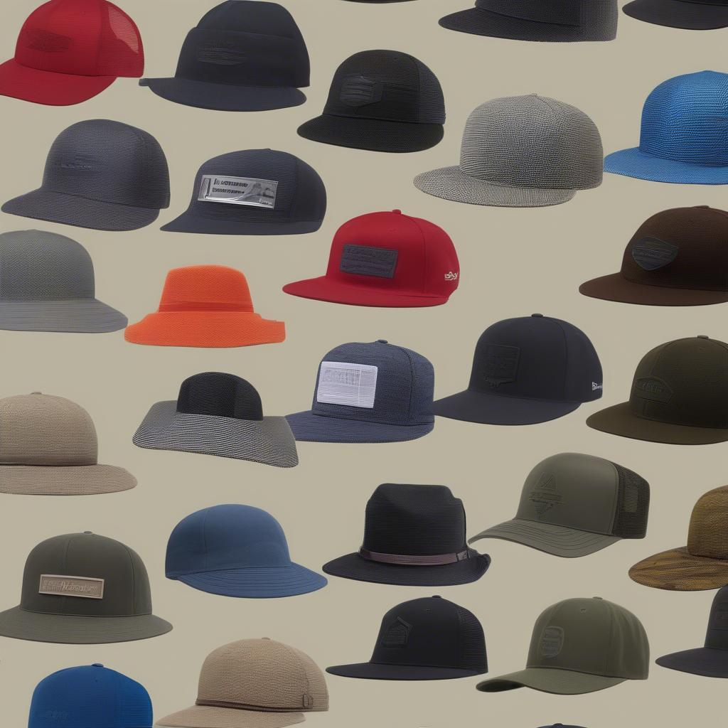 A display showcasing a diverse range of ballistic weave hats in different styles, colors, and designs, illustrating the variety available to consumers.