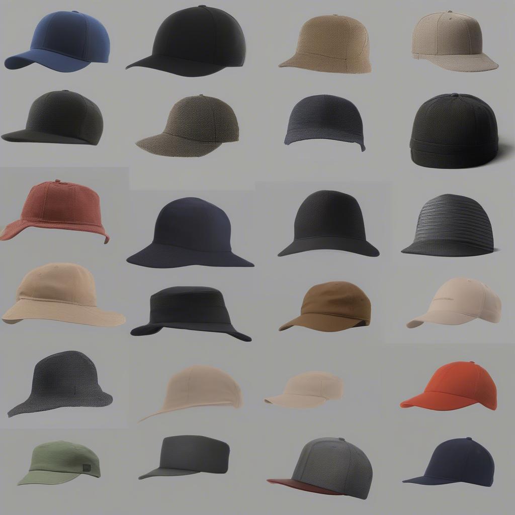 Different styles of hats made with ballistic weave: baseball cap, beanie, bucket hat.