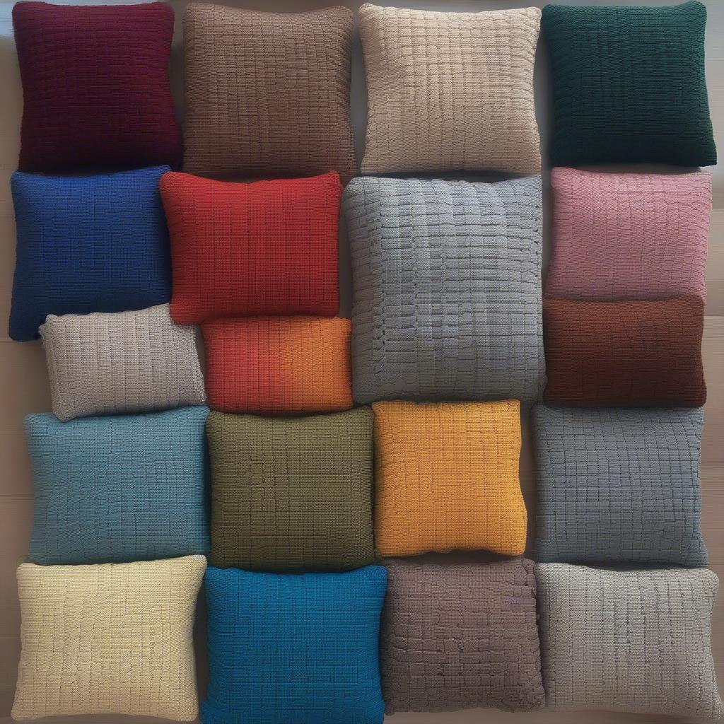 A collection of crochet basket weave cushion covers in different colors and yarn weights.