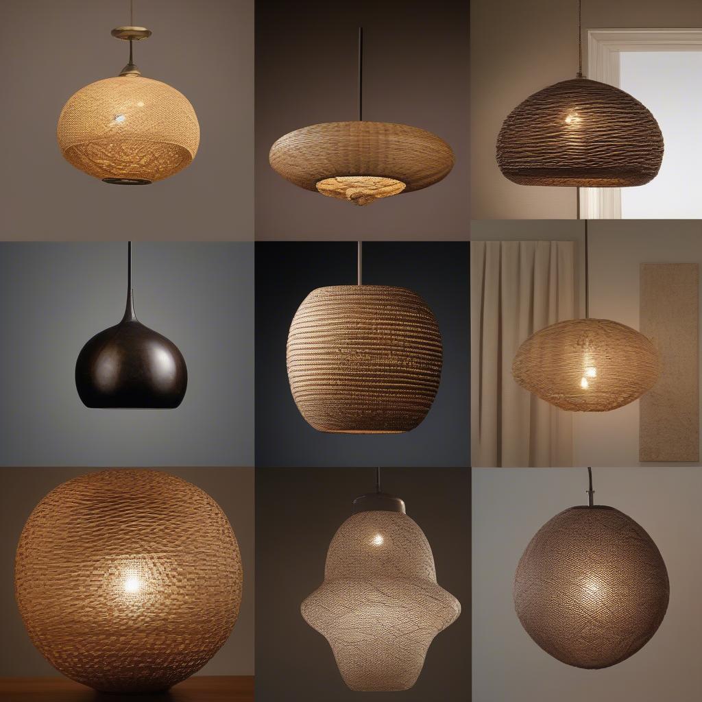 Showcase of different handcrafted lighting options, including wicker pendants and glass lamps.