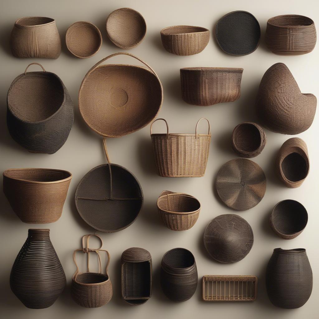 A collection of Japanese weave baskets in various sizes and shapes.