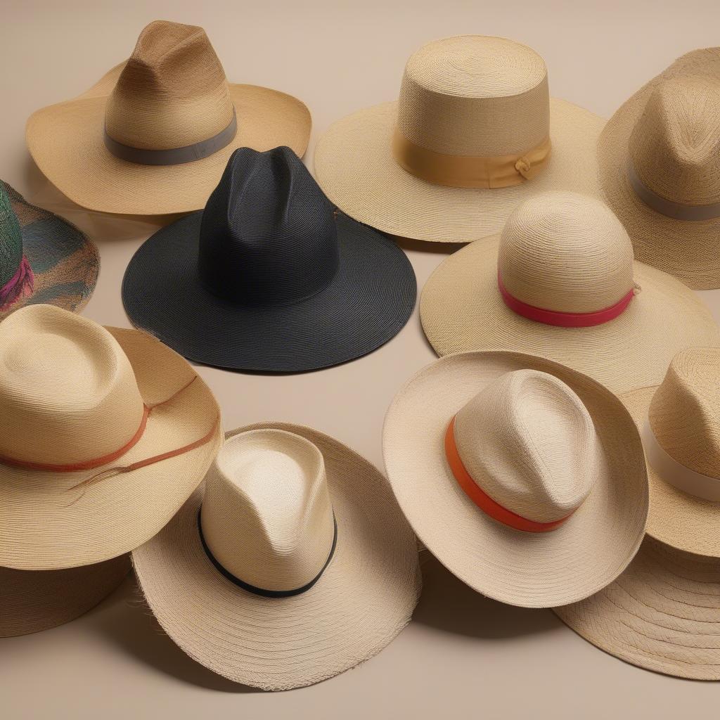 Different styles of loose weave palm leaf hats showcasing variations in brim width, crown shape, color, and embellishments.