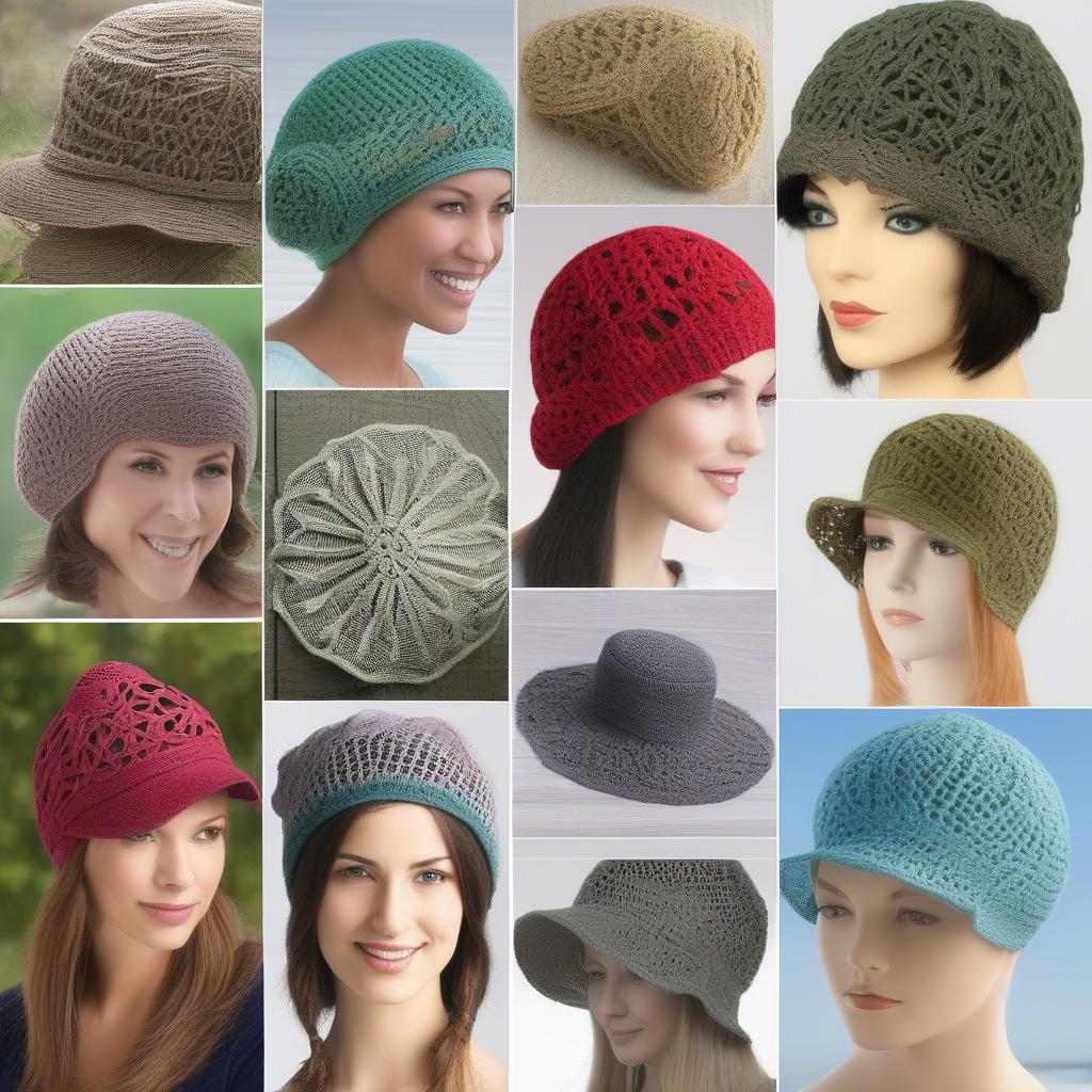 A collage of different open weave crochet hat patterns, ranging from simple to complex designs.