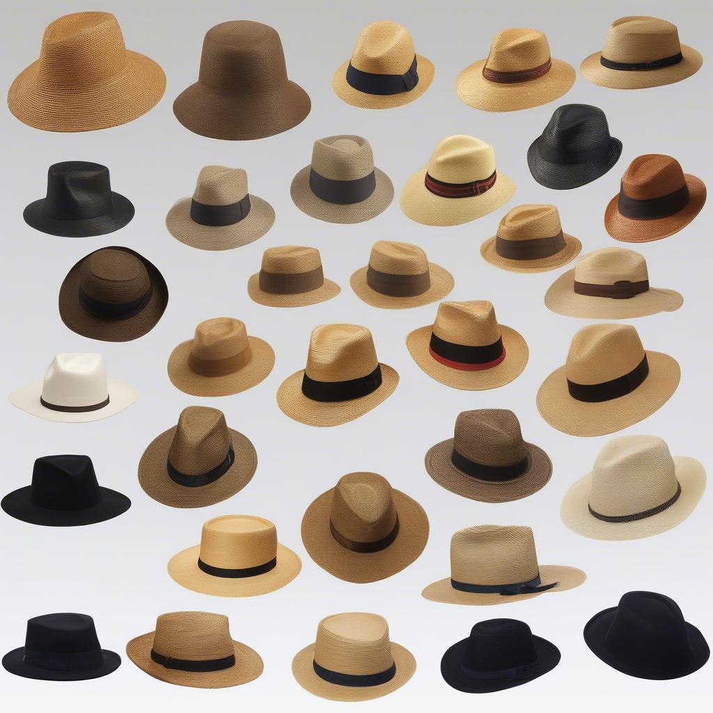 Different styles of tight weave straw hats including Panama, Fedora, Boater, and Bucket Hats.