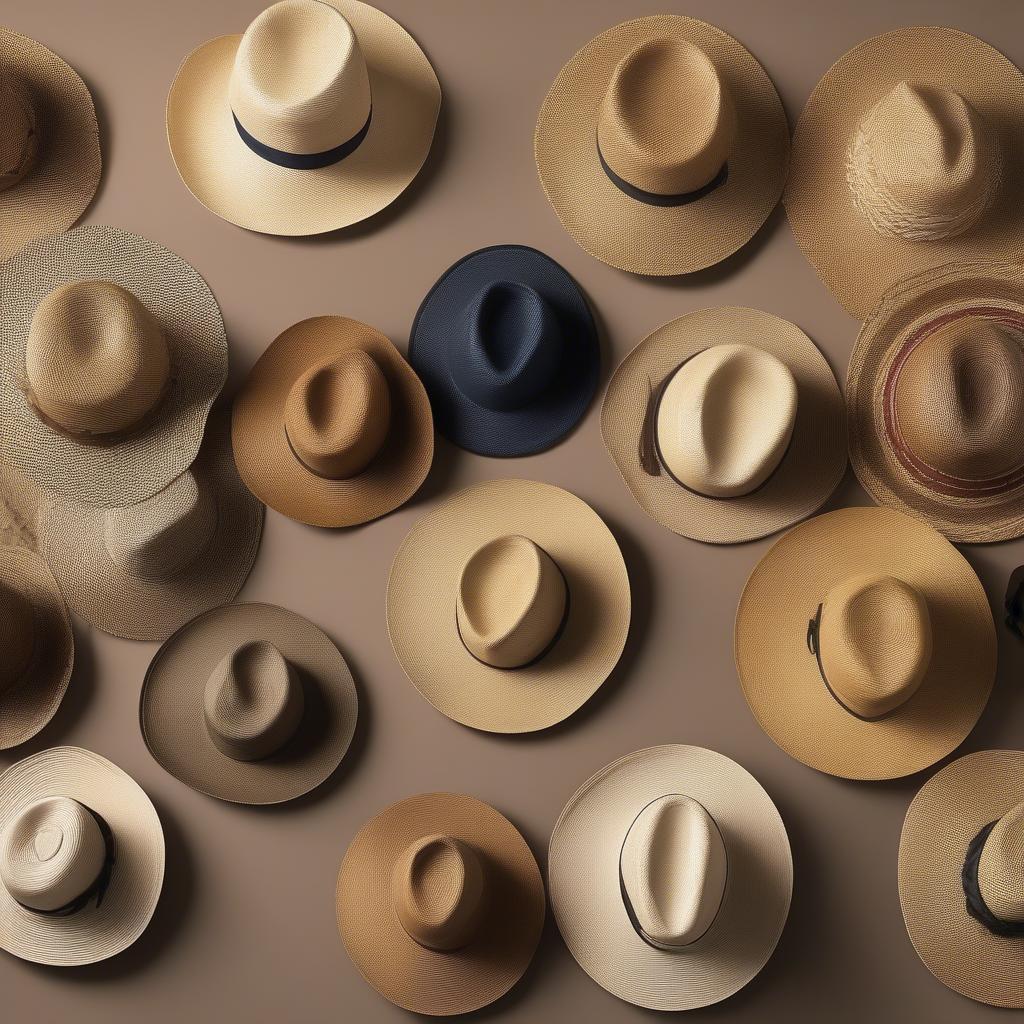 A display showcasing a variety of twister twisted weave straw hats in different shapes, sizes, colors, and brim widths.