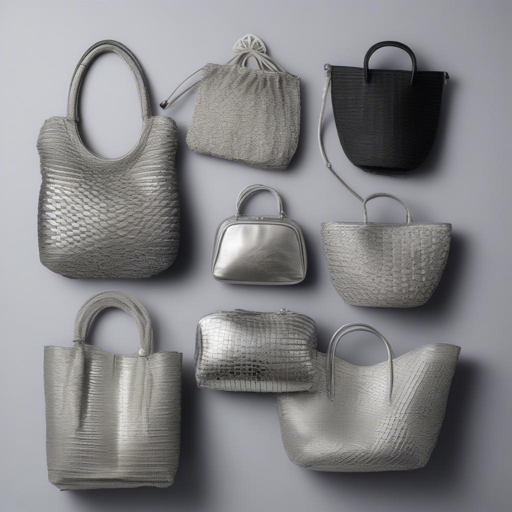 A display of different styles and sizes of woven silver bags